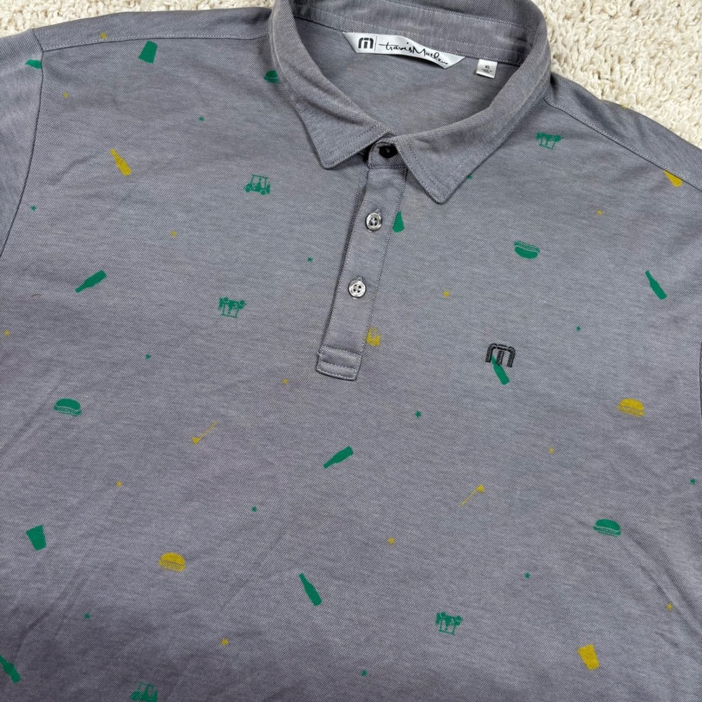 TravisMathew Polo Shirt Mens XL Gray Masters Golf Cart Drink Print Pima Cotton